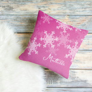 Pink White Snowflakes Minimalist Christmas Name Cushion