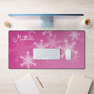 Pink White Snowflakes Minimalist Christmas Name Desk Mat