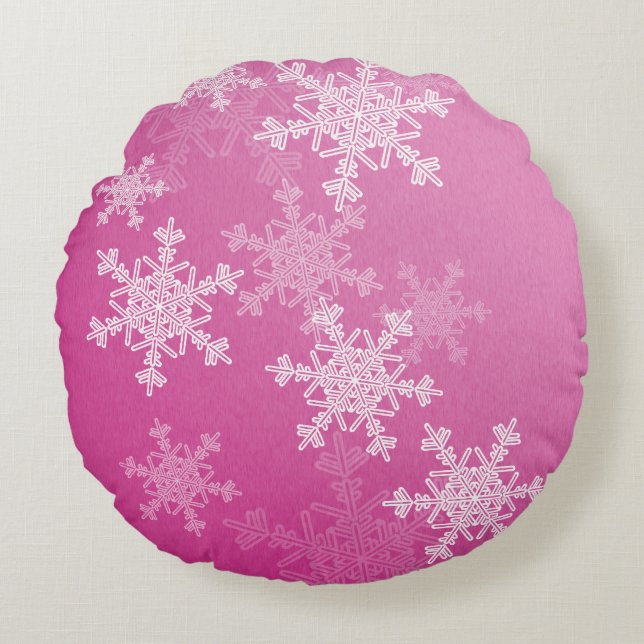 Pink White Snowflakes Minimalist Christmas Round Cushion (Front)