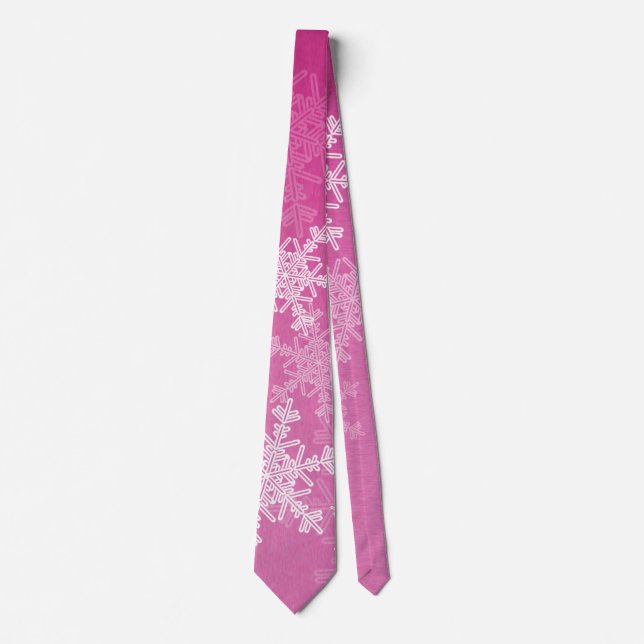 Pink White Snowflakes Minimalist Christmas Tie (Front)