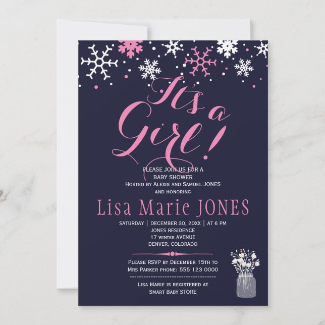 Pink white snowflakes navy blue girl baby shower invitation (Front)
