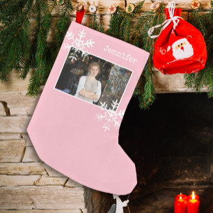 Pink White Snowflakes Photo Personalised Small Christmas Stocking