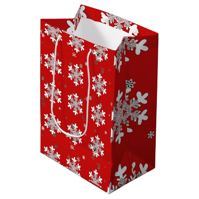 Pink White Snowflakes Red   Medium Gift Bag (Front Angled)
