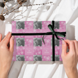 Pink White Snowlfake Minimalist Photo Christmas  Wrapping Paper