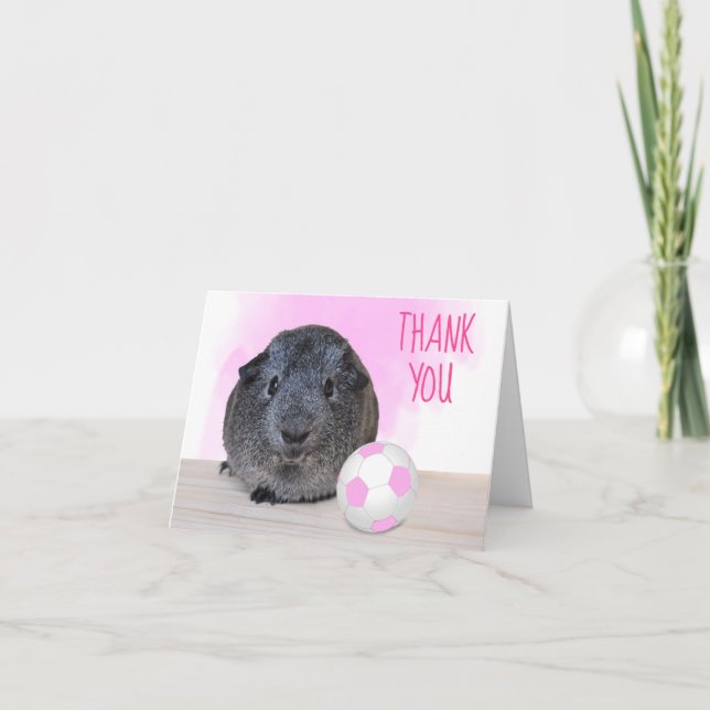 Pink White Soccer Ball & Guinea Pig Horizontal Thank You Card (Front)