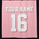 Pink White Sports Jersey Team Jersey Shower Curtain<br><div class="desc">Preppy Solid Colour Team Jersey / Sports Jersey / Football Jersey / Rugby Jersey with Custom Name Customise this with your own name or team name and a number. You can change the size, colour and placement of the text if you need to make changes, change the colour of or...</div>
