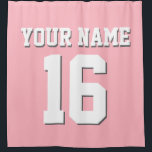 Pink White Sports Jersey Team Jersey Shower Curtain<br><div class="desc">Preppy Solid Colour Team Jersey / Sports Jersey / Football Jersey / Rugby Jersey with Custom Name Customise this with your own name or team name and a number. You can change the size, colour and placement of the text if you need to make changes, change the colour of or...</div>