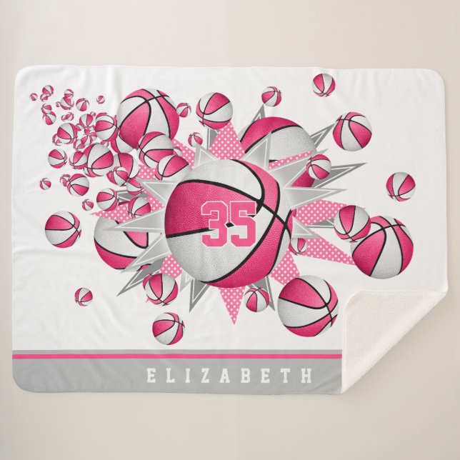 pink white sports room girls basketball blowout sherpa blanket (Front (Horizontal))