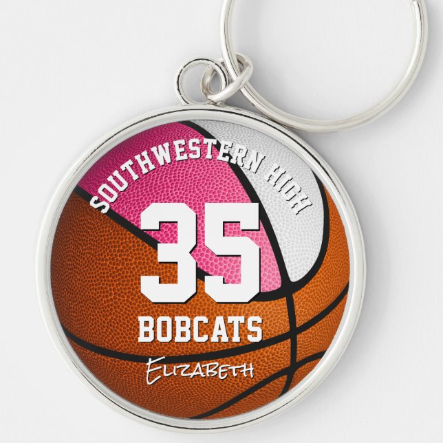 pink white sports team name girls basketball key ring (Front)