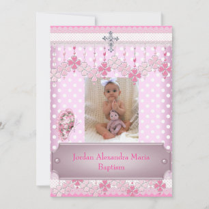 Pink White Spot  Photo Frame Cross Baptism 2 Invitation