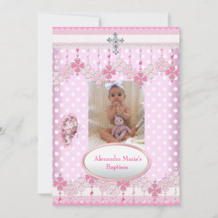 Pink White Spot  Photo Frame Cross Baptism 3 Invitation