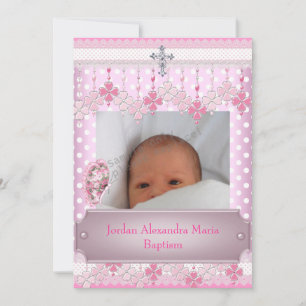 Pink White Spot Photo Frame Cross Baptism Invitation