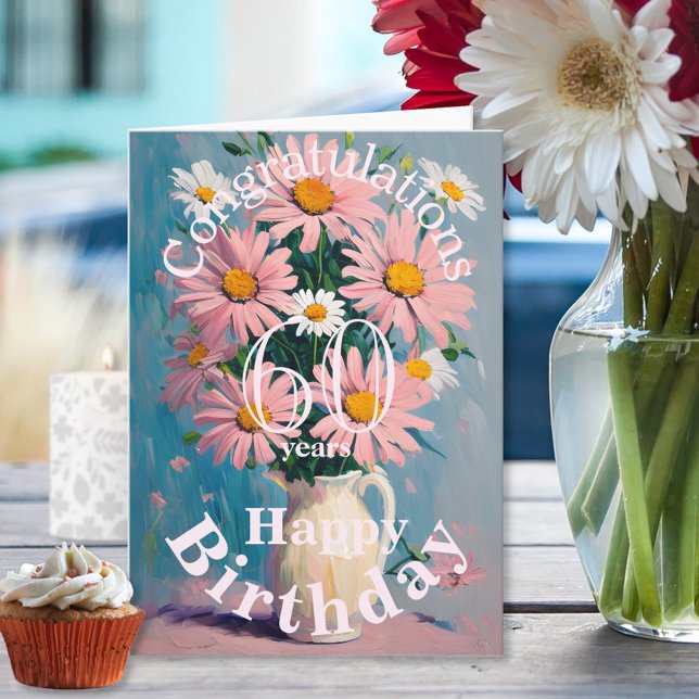Pink White Spring Daisy Flowers in Vase Birthday Card (Creator Uploaded)