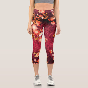 PINK WHITE SPRING FLOWERS ,ANTIQUE RED FLORAL CAPRI LEGGINGS