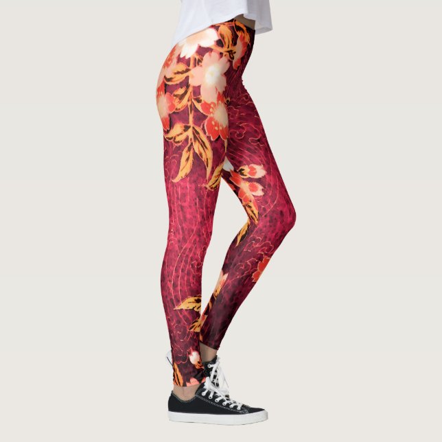 PINK WHITE SPRING FLOWERS ANTIQUE RED FLORAL  LEGGINGS (Right)