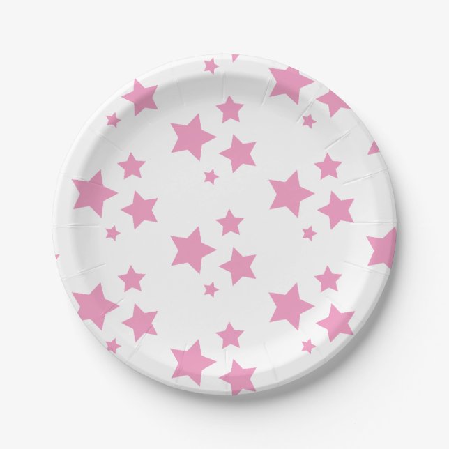 Pink White Stars Kids Baby Circus Party Paper Plate (Front)