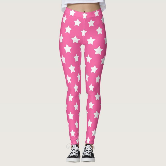 Pink White Stars Pattern Decorative Leggings (Front)