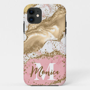 Pink & White Stone and Gold Glitter Agate Monogram Case-Mate iPhone Case