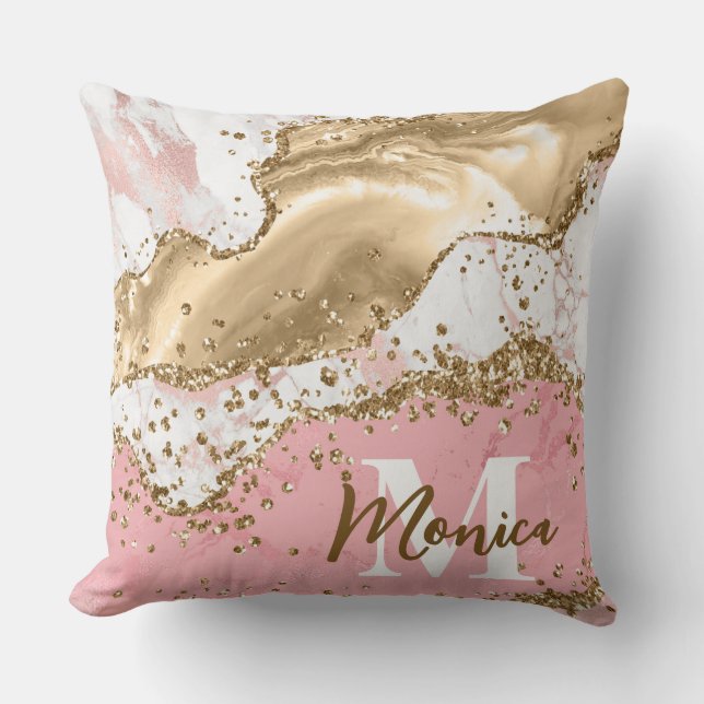 Pink & White Stone and Gold Glitter Agate Monogram Cushion (Front)