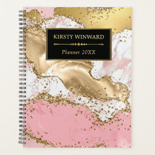 Pink & White Stone and Gold Glitter Agate Monogram Planner