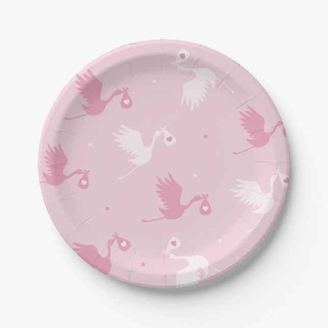 Pink & White Stork Delivery Girl Baby Shower Cute  Paper Plate (Front)