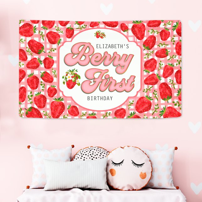 Pink White Strawberry Pattern Berry First Birthday Banner (Creator Uploaded)