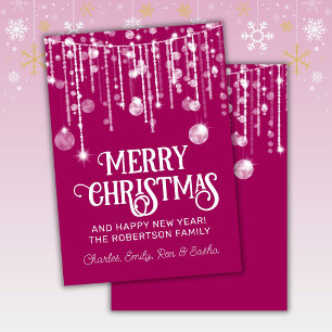 Pink White String Lights Christmas Holiday Card