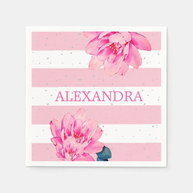 Pink White Stripe Floral Chic Silver Napkin (Front)
