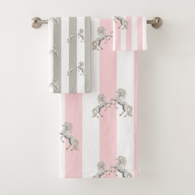 Pink & White Stripe Horse  Bathroom Towel Sets (Insitu)