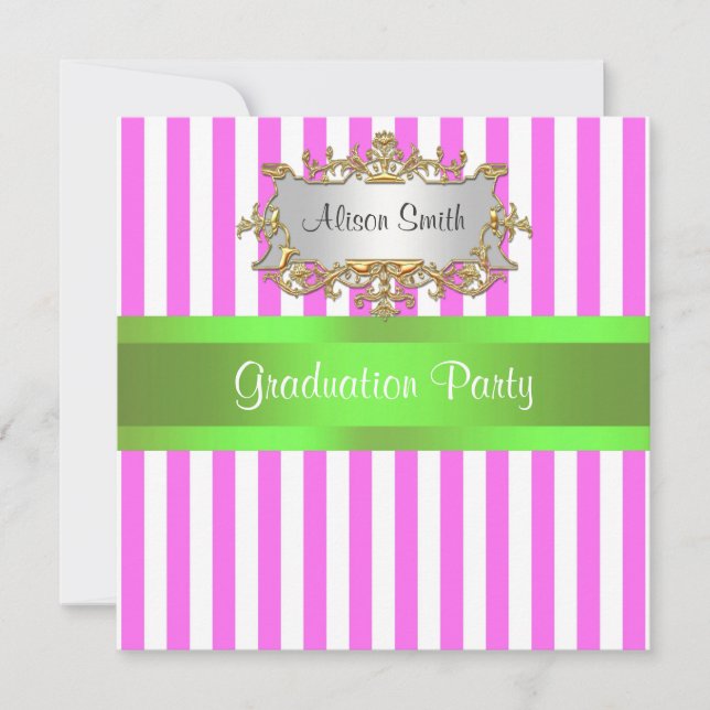 Pink White Stripe Lime Ribbon Graduation Invite (Front)