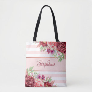 Pink White Stripe Modern Floral Personalised Tote Bag