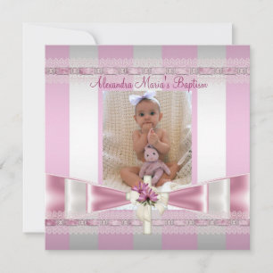 Pink White Stripe Photo Cross Baptism Christening Invitation