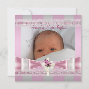 Pink White Stripe Photo Cross Baptism Christening Invitation