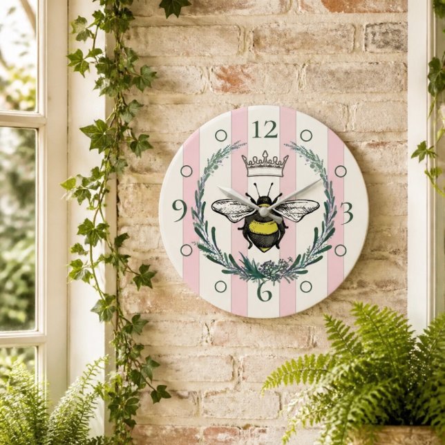 Pink & White Striped Crown Bee Acrylic Wall Clock (Creator Uploaded)