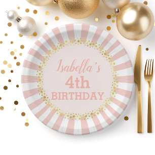 Pink White Striped Gold Glitter Confetti Birthday Paper Plate