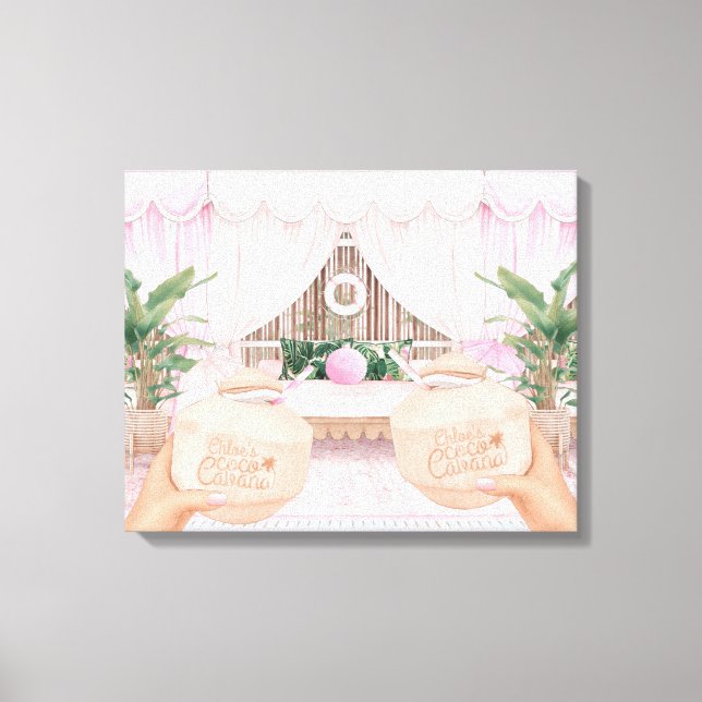 Pink & White Striped Hotel Pool Cabana | Coconut  Canvas Print (Front)