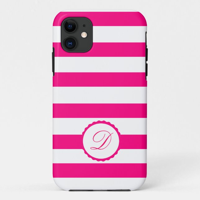 Pink White striped personalized Monogram Case-Mate iPhone Case (Back)