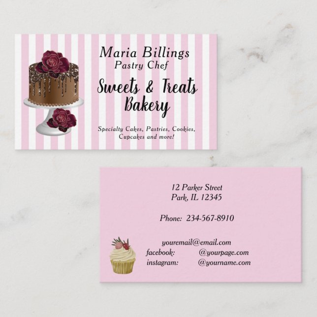 Pink White Stripes and Gourmet Cake Pastry Chef Business Card (Front/Back)