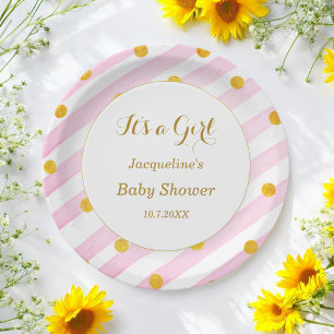 Pink White Stripes Baby Shower  Paper Plate