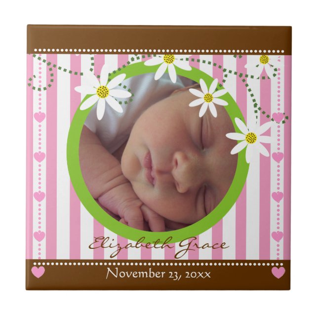 Pink white stripes & daisies baby's girl keepsake tile (Front)