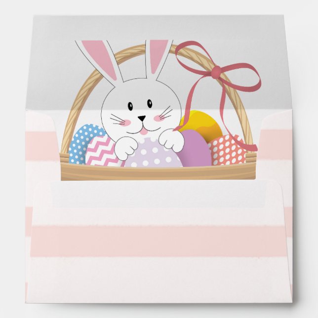 Pink & White Stripes Easter Bunny In Basket & Eggs Envelope (Back (Bottom))