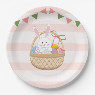 Pink & White Stripes Easter Bunny In Basket Paper Plate