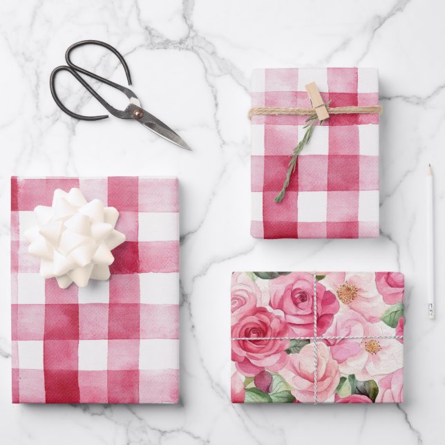 Pink White Stripes Floral Birthday Wrapping Paper Sheet (Front)
