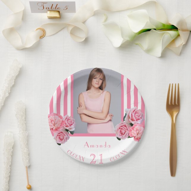 Pink white stripes florals photo 21st birthday paper plate (Wedding)