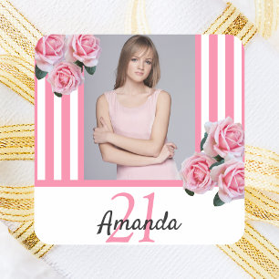 Pink white stripes florals photo birthday square sticker