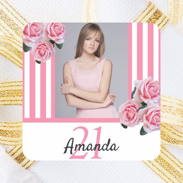 Pink white stripes florals photo birthday square sticker (Creator Uploaded)