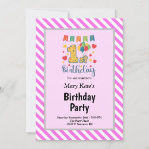 Pink/White Stripes Framed 1st Birthday Party Invitation