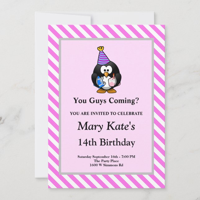 Pink/White Stripes Framed Funny Birthday Party Invitation (Front)