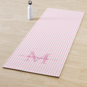 Pink & White Stripes Monogram Name Yoga Mat