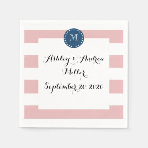 Pink White Stripes Pattern, Navy Blue Monogram Napkin